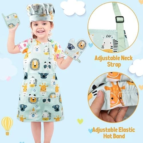 Pipoobear Kids Apron Adjustable Strap for Boys and Girls 100% Cotton, Toddler Chef Apron with Pocket for Kitchen Cooking thumbnail 3
