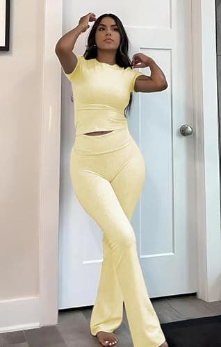ZFLM Casual Workout Two Piece Outfits for Women Short Sleeve Crop High Waist Foldover Flare Pants Tracksuit Sets Streetwear thumbnail 4
