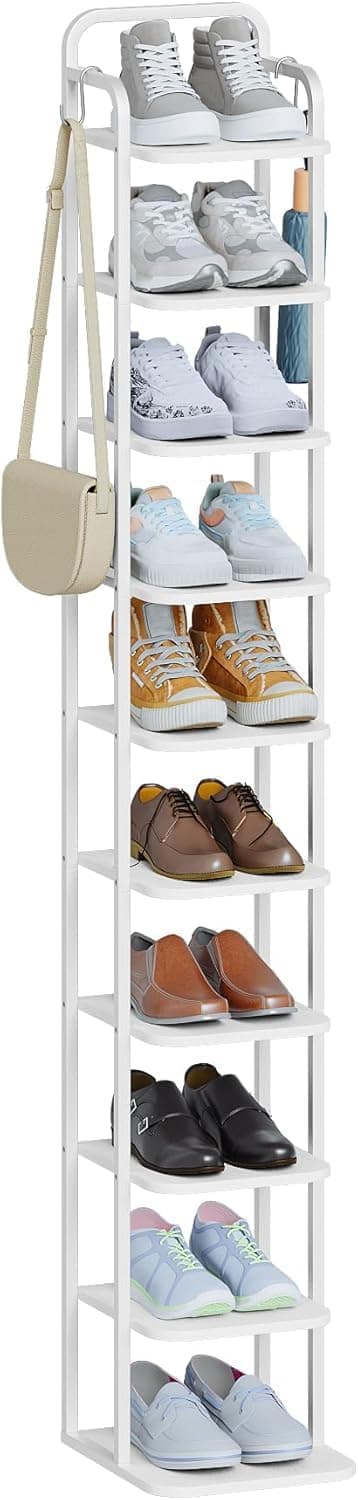 Hzuaneri Vertical Shoe Rack, Shoe Shelves, Wood Shoe Organizer for Closet, Entryway, Shoe Tower for Small Spaces, Free Standing, Adjustable, with 2 Hooks,10 Tiers White SR11213W thumbnail 9
