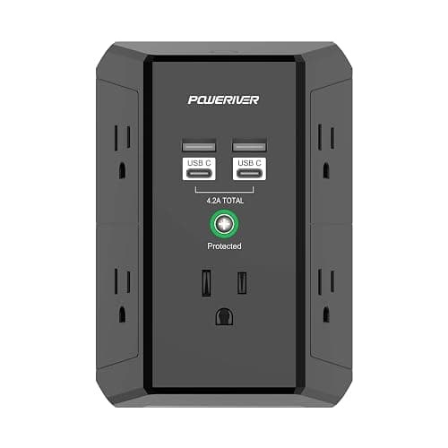 Multi Outlet Extender Surge Protector - POWERIVER Multi Plug Wall Outlet with 5 AC Outlets and 4 USB Ports(2USB C), 1680 Joules, Outlet Splitter for Home School Office, ETL, Black - Image 1