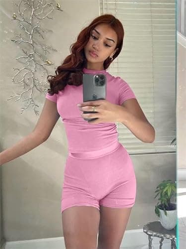 AYWA Two Piece Outfits for Women Fitted Crew Neck T-shirt High Waist Leggings Biker Shorts Matching Sets Streetwear thumbnail 2