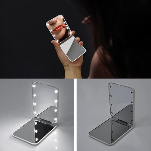 Kintion Pocket Mirror, 1X/3X Magnification LED Compact Travel Makeup Mirror with Light for Purse, 2-Sided, Portable, Folding, Handheld, Small Lighted Mirror for Gift, White thumbnail 2