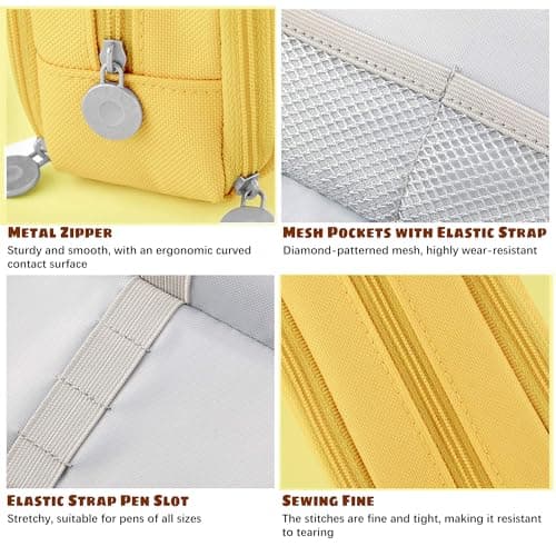 FAHZON Cute Pencil Case, 3 Large Compartments Pencil Pouch, Elastic Pen Slots&Mesh Pockets for Stationery, Pencil Bag for School Supplies with Zipper for Girls Boy Women Teens Adults-Yellow thumbnail 3