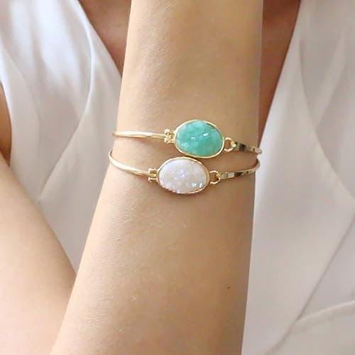 Druzy Cuff Bracelets for Women - Boho Stackable Bangle Bracelet, Plated in Gold, Silver, or Rose Gold Tone with Oval Stone thumbnail 8