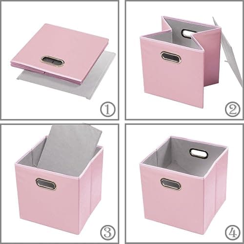 PRANDOM Leather Foldable Cube Storage Bins 11x11 inch [4-Pack] Fabric Storage Baskets Cubes Drawer with Cotton Handles Organizer for Shelves Nursery Closet Bedroom Clothes Pink thumbnail 6