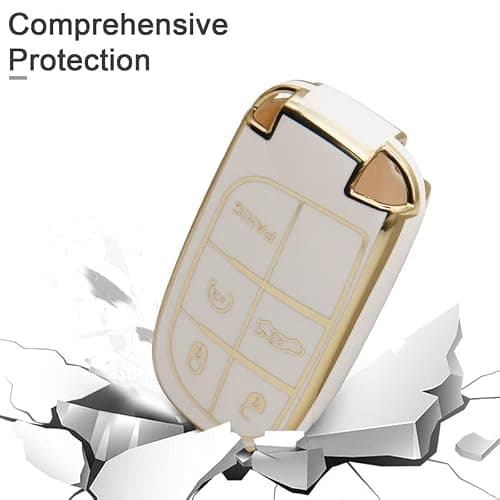 SUNCARACCL for Jeep Key Fob Cover with Leather Keychain, Soft TPU Full Cover Protection Key Case for Grand Cherokee Renegade Dodge Durango Challenger Journey Smart Key thumbnail 6