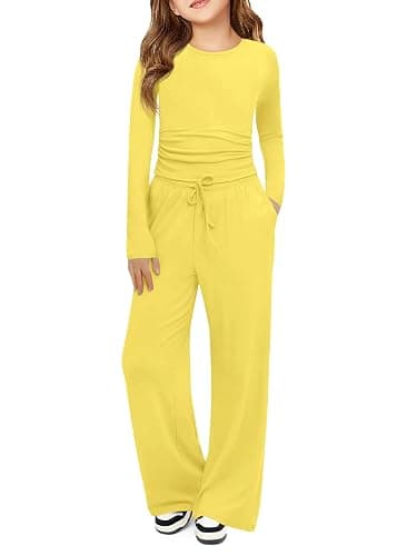 Haloumoning Girls 2 Piece Outfits Kids Ruched Long Sleeve Tops and Wide Leg Pants with Pockets Sweatsuit Clothing Sets - Image 1