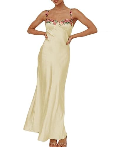 Sexy Satin Spaghetti Strap Floral Embroidered Maxi Dress for Women Sweetheart Neckline Backless Sleeveless Slit Midi Dress - Image 1