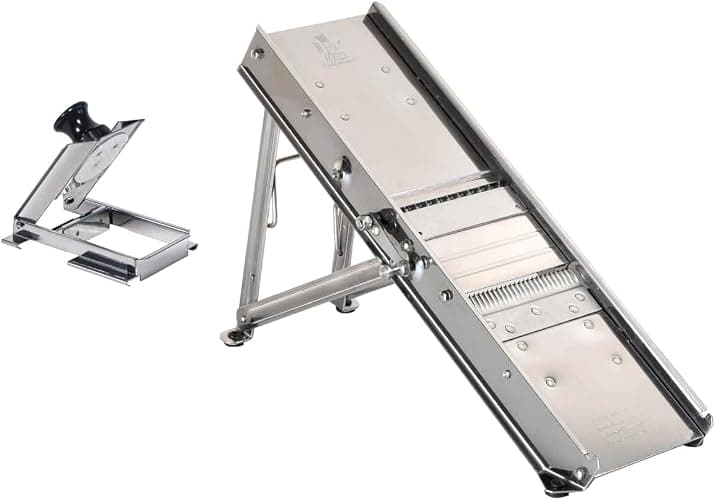 BRON COUCKE - Professional Mandoline - Stainless Steel - Slices Fruits and Vegetables, Makes French Fries and Julienne - Straight Blade + Waffle Blade - Adjustable Thickness - Includes Safety Carriage - Image 1