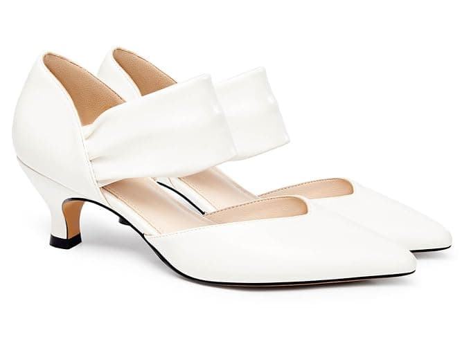Coutgo Womens Low Kitten Heel Dress Shoes Pointed Toe Slip on Ankle Strap Cutout Elegant Party Wedding Pumps - Image 1