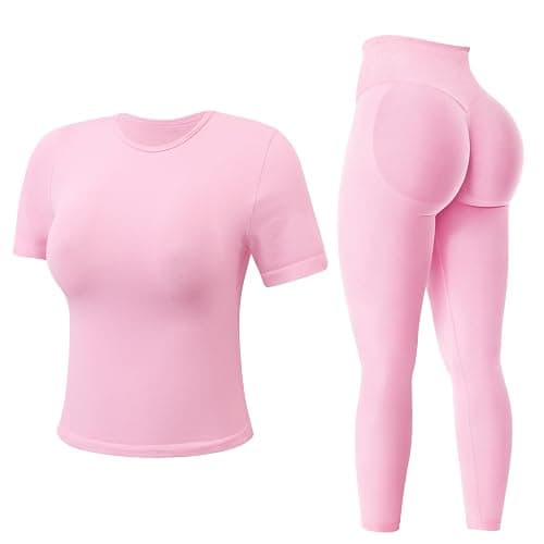 MAYROUND Gym Sets for Women 2 Piece Outfit Gym Scrunch Leggings and Short Sleeve Crop Top Set Seamless Yoga Tracksuits - Image 1
