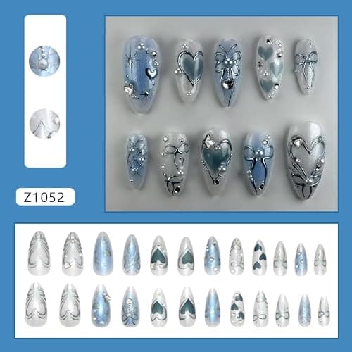 Mkwntg 24Pcs Blue Ombre Press on Nails Medium Almond Fake Nails with 3D Butterfly Pearl Rhinestones Design Silver Heart Star Bow Acrylic False Nails Y2K Full Cover Glue on Nails for Women Summer Decor thumbnail 2