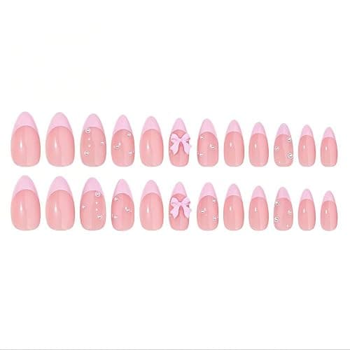 24Pcs Pink French Tip Press on Nails Almond Fake Nails with Bow Pearl Design Cute French False Nails Glossy Full Cover Artificial Acrylic Stick on Nails for Women Manicure Nail Decoration 24Pcs thumbnail 7