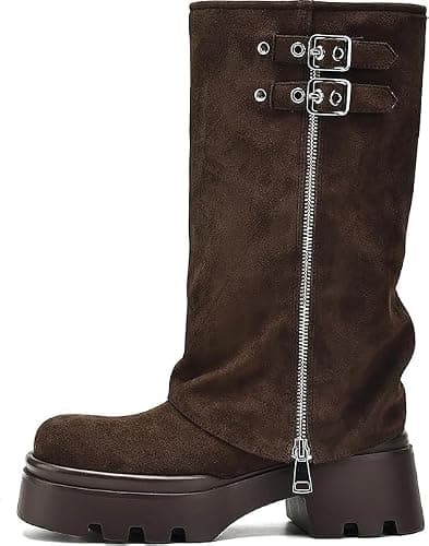 MAVMAX Fold Over Knee High Boots for Women Zipper Buckle Riding Boot Wide Calf Platform Round Toe Chunky Low Heel Tall Boot y2k Trendy Boots thumbnail 5