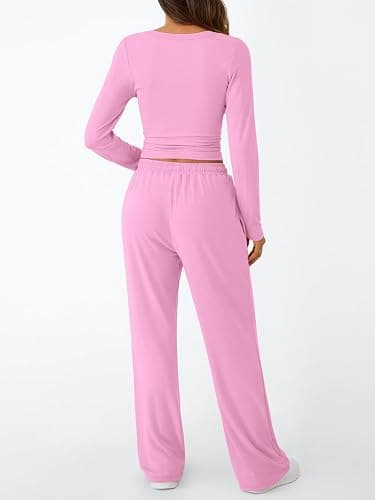 Trendy Queen Women's 2 Piece Matching Lounge Set Long Sleeve Side Ruching Top Wide Leg Drawstring Pants Set with Pockets thumbnail 4