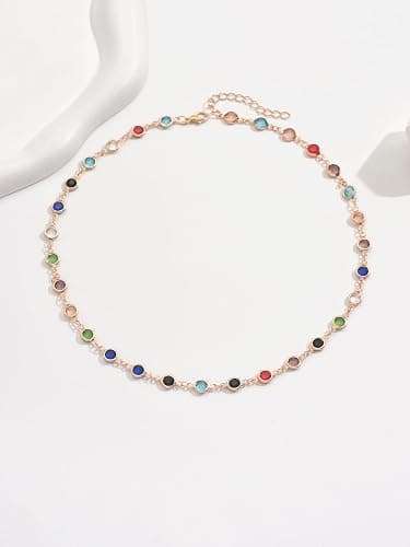 Women's Gold Tone Colorful Crystal Station Necklace - Dainty Rainbow Rhinestone Choker Chain, Boho Summer Beach Neck Accessory for Daily Wear thumbnail 3