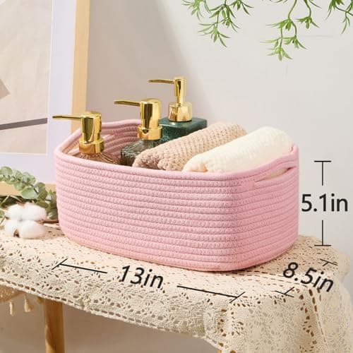 MiniArk Small Storage Baskets for Organizing | Closet Organizer Bins | Shelf Toy Basket | Woven Rope Baskets | Cube Decorative Box | Shallow Basket | 13x8.5x5.1” | 4 Packs Light Pink thumbnail 3