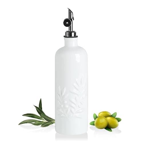 Sweejar 18 Oz Oil Dispenser for Kitchen with Gravity Spout, Ceramic Olive Oil Dispenser Bottle, Relief Opaque Vinegar Container for Evoo, Vinegar, Soy Sauce, Pack of 1(White, Silver Spout) - Image 1