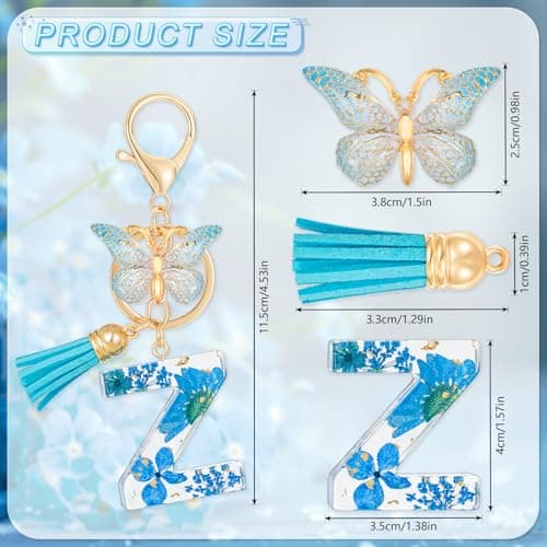 MWOOT Initial Letter Z Keychain Resin Alphabet Keyrings,Blue Petals Gold Foil Key Ring Charm with Butterfly Tassel Pendant,Kawaii Key Chain for Womens Gift Ideas Wallet Purse Bag Handbag Decor (Z) thumbnail 3