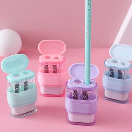 4 PCS Manual Pencil Sharpener with Eraser, Double Hole Multicolored Sharpener with Eraser Fun Stationery Back to School Supplies, Classroom Rewards, and Birthday Party Favors thumbnail 2