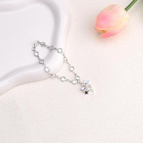 Steering Wheel Bow Charm Crystal Heart Hanging Chain Car Interior Decor | Bow Hanging Ornament Silver Star Moon Bowknot Charm for Rear View Mirror Car Steering Wheel Hanging Accessories for Women thumbnail 3