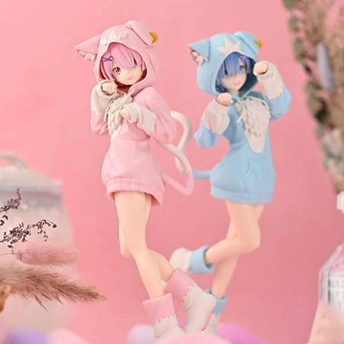 YLEAFUN Rem and Ram Figure, Anime Action Figure 21.5cm Cat Ear Girls Remu/Ramu Pink Parker Suit Model Collectible Statue Decoration Ornament for Fans thumbnail 4