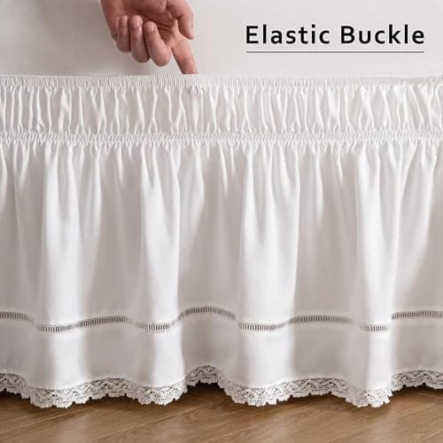 MIYE Wrap Around Ruffled Lace Bed Skirt, Elastic Dust Ruffle with Adjustable Belts, Easy to Put On, Bed Frame Cover, Machine Washable (Floral Lace/White, Full/Twin-18 Drop) thumbnail 5
