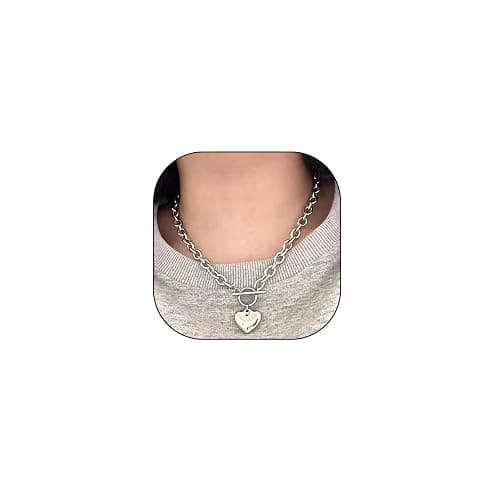 Navirix Chunky Heart Pendant Necklace,Minimalist Plated Gold Thick Love OT Clasp Choker,Vintage Puffy Heart Chain Toggle Collarbone Necklace for Women - Image 1