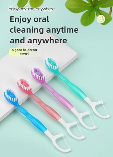 FOREVIVE Mini Toothbrush Disposable with Toothpaste,Tongue Scrapers,Floss and Pick.Travel Tooth Brush Pack for Work or Travel.Individually Wrapped, 10 Count, Mint and Three Other Fruit Flavors - Green+pink|+blue+red - 1 Count (Pack of 12) thumbnail 4