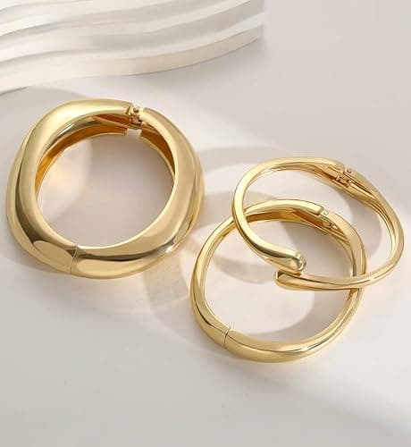 Chunky Gold Bangle Bracelets for Women, Dainty 14k Gold Plated Big Stackable Bangles Set, Trendy Statement Cuff Bracelet Stack Fashion Jewelry Christmas Gifts thumbnail 8