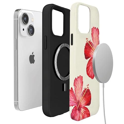 ilikediy for iPhone 13/14 Case [Compatible with Magsafe] Pattern Design for Women Girls Hybrid 2 Layer Hard Shell Silicone Protective Magnetic Cover,C Tropical Hibiscus Flower thumbnail 4