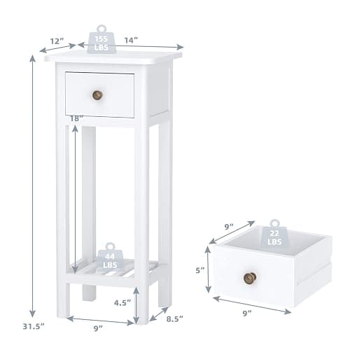Giantex Tall End Table, Narrow Side Table with Drawer and Shelf, Acacia Wood Nightstand for Living Room, 2-Tier Bedside Table for Small Space, No Assembly, White - 1 - White thumbnail 3
