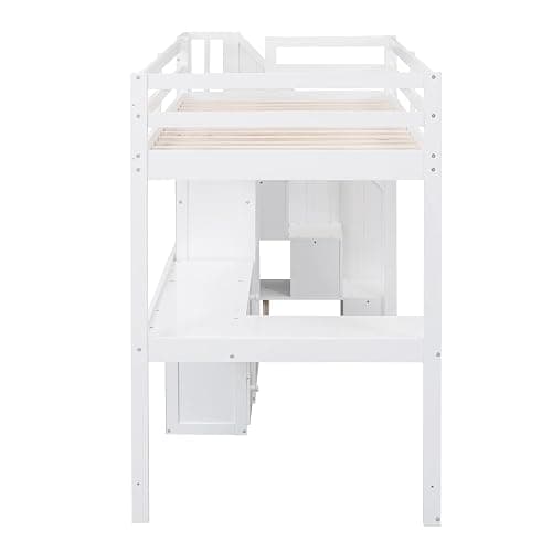 Harper & Bright Designs Twin Size High Loft Bed with L-Shaped Desk, Wood Twin Loft Bed with Storage Drawers and Cabinets, White thumbnail 8