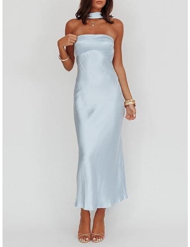Women's Summer Satin Strapless Tube Top Maxi Dress Elegant Silk Backless Halter Neck Formal Party Dresses Wedding Guest thumbnail 5