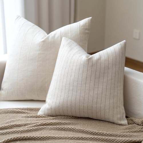 FIOUOVO Decorative Neutral Throw Pillow Covers 18x18 Farmhouse Pillow Covers Cotton Stripe Cushion Covers Home Decor for Sofa Couch Living Room Bedroom 1PC, Pinstripe thumbnail 7