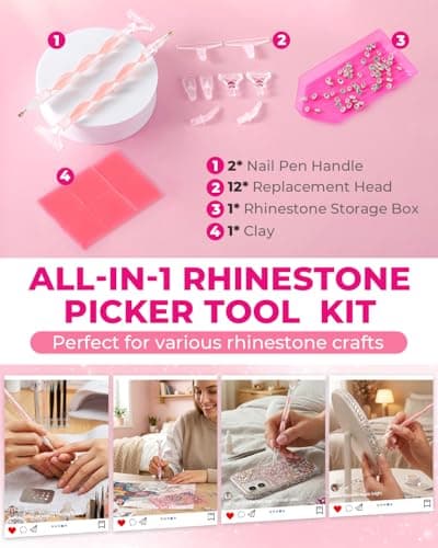 Rhinestone Picker Tool Kit: 2Pcs Rhinestone Picker Handle, Dual-Ended Rhinestones Applicator Dotting Pen with 12 Upgraded Plastic Replacement Tips, Clay, Bedazzling Tools for Nail Art Craft (Pink) thumbnail 2