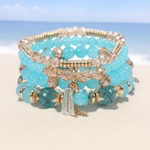 4Pcs Bohemia Multilayer Stackable Beaded Bracelets Set Colorful Crystal Stone Gold Beaded Stretch Bracelets Hawaii Charm Bracelet for Women Men Summer Beach Boho Vacation Jewelry Gifts thumbnail 2