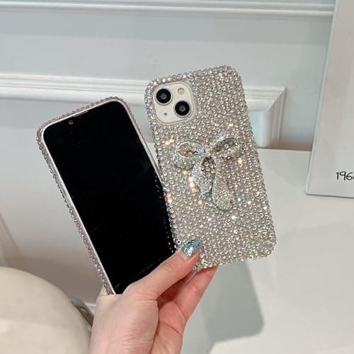 Threesee for iPhone 14 Bling Glitter Case,3D Cute Bow Diamond Women Girls Cover Luxury Shiny Sparkle Crystal Rhinestone Gems Bumper Phone Case for iPhone 14 6.1 inch thumbnail 3