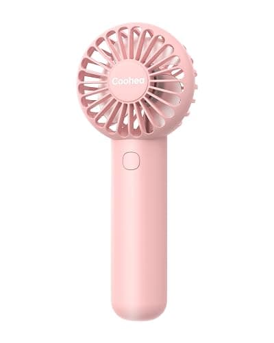 Coohea Mini Handheld Fan, Small Cute Design, 3 Powerful Speeds, USB Rechargeable Battery Operated, Personal Portable Fan with Base & Lanyard, for Eyelash Makeup Travel Beach Office Desk, Pink - Image 1
