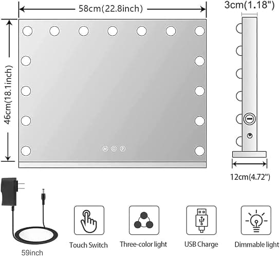 KOTTOVA Vanity Mirror with Lights,23" x 18.1" Large Hollywood Lighted Makeup Mirror with 15 LED,3 Colors Modes, with Detachable 10X Spot Mirror,Smart Touch Control,Plug in(Tabletop & Wall-Mounted) thumbnail 2