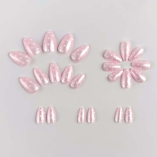 HPYFOI Polka Dot Press on Nails - Short Almond, Soft Pink | Light Pink with White Dots, Cute & Reusable, All Season, Daily Wear thumbnail 2