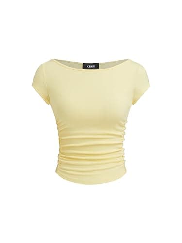 CIDER Women Ruched Crop Top Cap Sleeve Tee Boat Neck Fitted T Shirts - Image 1