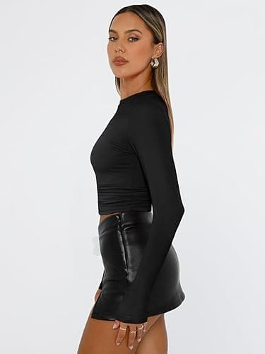 Trendy Queen Womens Long Sleeve Shirts Fall Fashion 2025 Basic Crop Tops Going Out Workout Outfits Y2k Clothes - Small - Black thumbnail 3