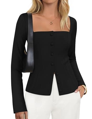 ZESICA Women's Spring Square Neck Blazers 2026 Casual Long Sleeve Button Up Work Business Fitted Blazer Jackets - Image 1