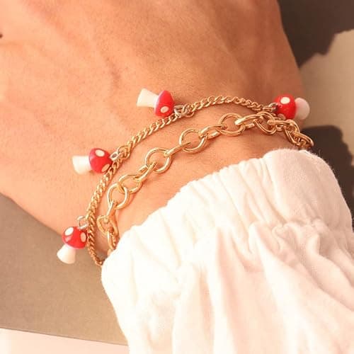 Rrdaily Double Layer Mushroom Bracelet Anklet， Cute Red Mushroom Bracelet Combination Bracelet Anklet Jewelry for Women thumbnail 3