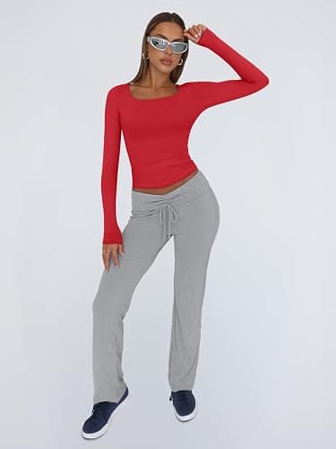 Trendy Queen Womens Long Sleeve Shirts Crop Tops Fall Fashion 2025 Square Neck Going Out Basics Tees Y2k Clothes thumbnail 6