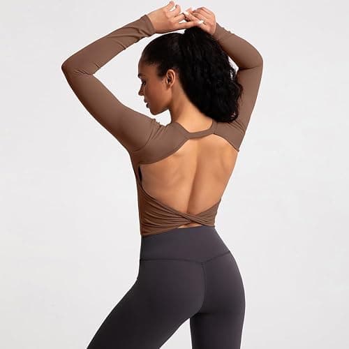 ABOCIW Workout Tops for Women Open Back Longline Sports Bras Athletic Crop Top Cap Sleeve Gym T Shirts with Built in Bra thumbnail 4