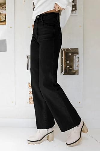 KDF Straight Leg Jeans for Women High Waisted Jeans Frayed Baggy Pants Raw Hem Loose Stretchy Cropped Wide Leg Jeans thumbnail 3