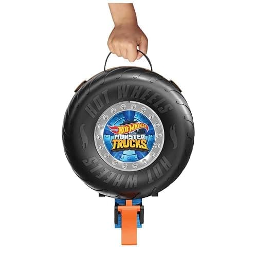 Hot Wheels Toy Monster Trucks Playset, Tire-Shaped Case Transforms into Race Course, 3 Trucks & 4 Cars in 1:64 Scale, Stunt Tire (Amazon Exclusive) thumbnail 3