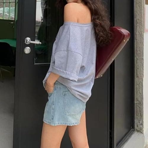 One Shoulder Oversized Tshirts Short Sleeve Y2k Baby Tees Summer Crop Top Jersey Off Shouder Graphic Tee Women thumbnail 5